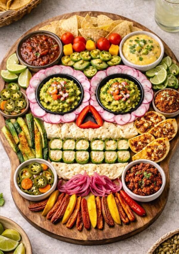 A large wooden platter arranged with dips, chips, veggies, and toppings in the shape of a colorful owl face, featuring guacamole, salsa, sliced radishes, peppers, limes, cucumbers, and toasted bread.
