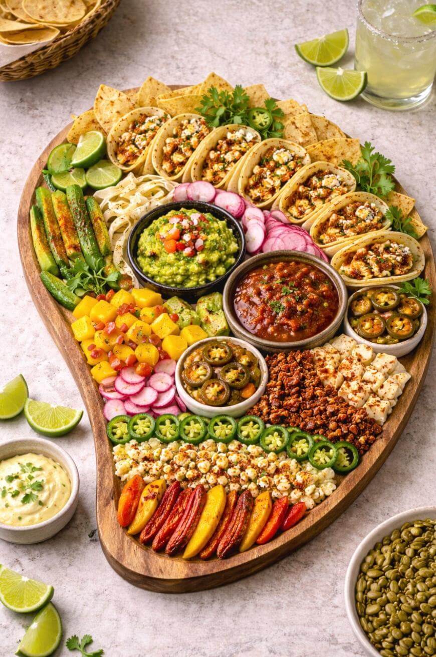 A large wooden platter holds mini tacos, guacamole, salsa, chips, sliced veggies, mango, jalapeños, fresh herbs, and dips, all arranged neatly in colorful sections with lime wedges and a drink nearby.