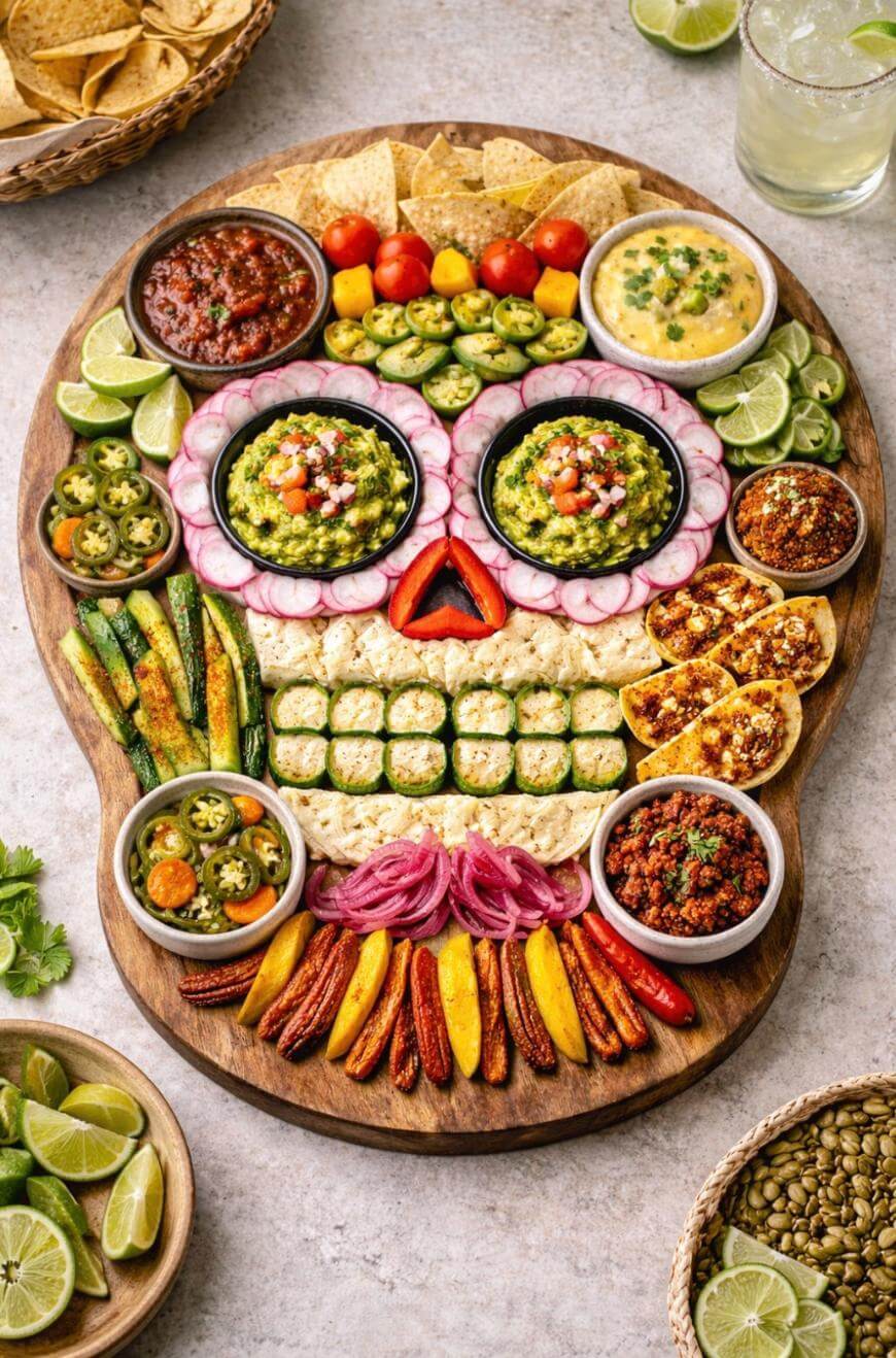 A festive charcuterie board arranged in the shape of a colorful skull, featuring dips, chips, vegetables, cheese, and garnishes, inspired by Day of the Dead celebrations. Lime wedges and salsa bowls surround the board.