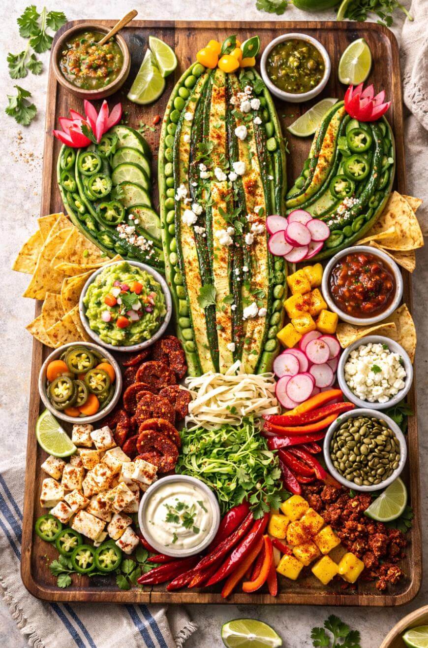 A vibrant platter featuring a cactus-shaped arrangement of grilled zucchini and peas, surrounded by various dips, chips, sliced vegetables, cheese cubes, pickled jalapeños, and colorful garnishes on a wooden board.