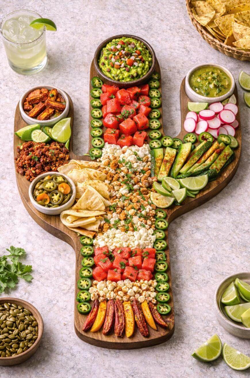 A cactus-shaped wooden platter filled with colorful Mexican foods like guacamole, watermelon, dips, sliced radishes, zucchini, lime wedges, chips, seeds, grilled vegetables, and tortillas, arranged artfully on a light surface.