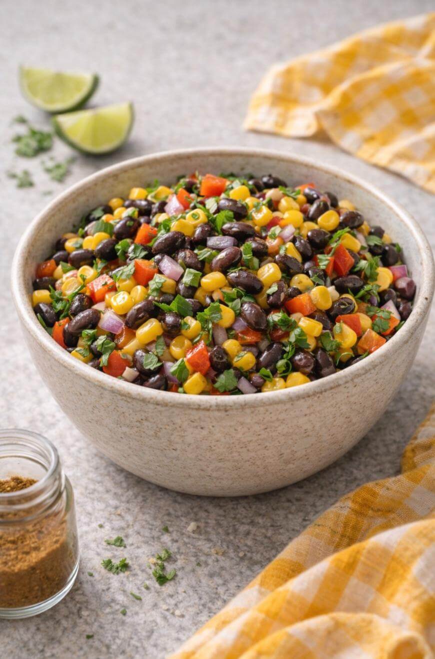 A bowl of colorful salad with black beans, corn, diced red bell peppers, red onion, and chopped cilantro on a light countertop. Two lime wedges, a small jar of seasoning, and a yellow-checkered cloth are nearby.