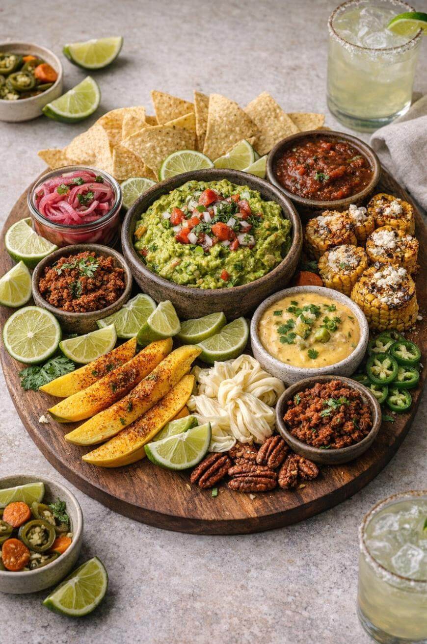 A round wooden platter filled with guacamole, salsa, tortilla chips, grilled corn, seasoned mango slices, pickled onions, pecans, vegan chorizo, queso dip, lime wedges, and fresh jalapeño, with margaritas nearby.