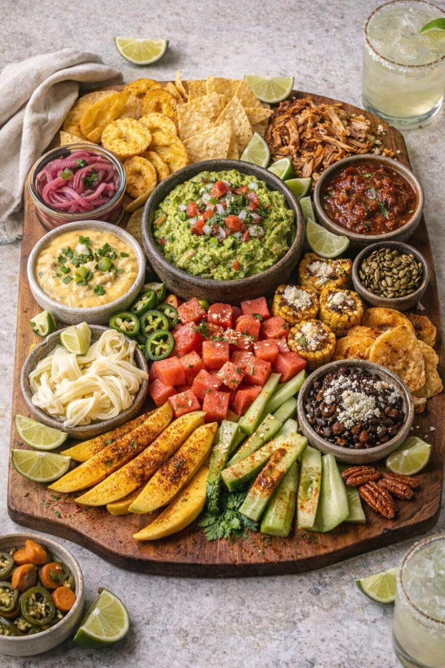 A large wooden platter with guacamole, salsa, queso dip, pickled onions, chips, mango, cucumber, watermelon, jalapeños, plantain chips, nuts, and lime wedges, arranged with various fresh vegetables and toppings.