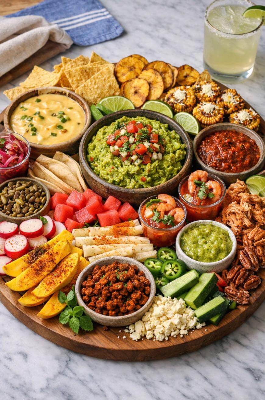 A round wooden platter filled with guacamole, salsas, dips, tortilla chips, plantain chips, pickled onions, radishes, cucumbers, fruit, crumbled cheese, shredded meat, and seasoned toppings, with a drink in the background.