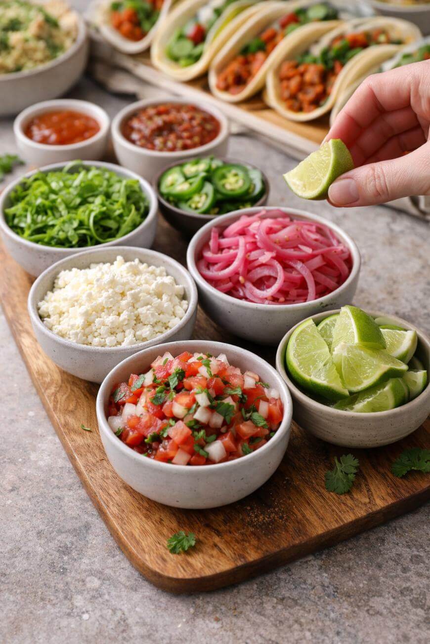 A wooden board holds small bowls filled with taco toppings: chopped greens, sliced jalapeños, pickled onions, lime wedges, pico de gallo, crumbled cheese, and sauces. A hand squeezes a lime over the bowls. Tacos are in the background.