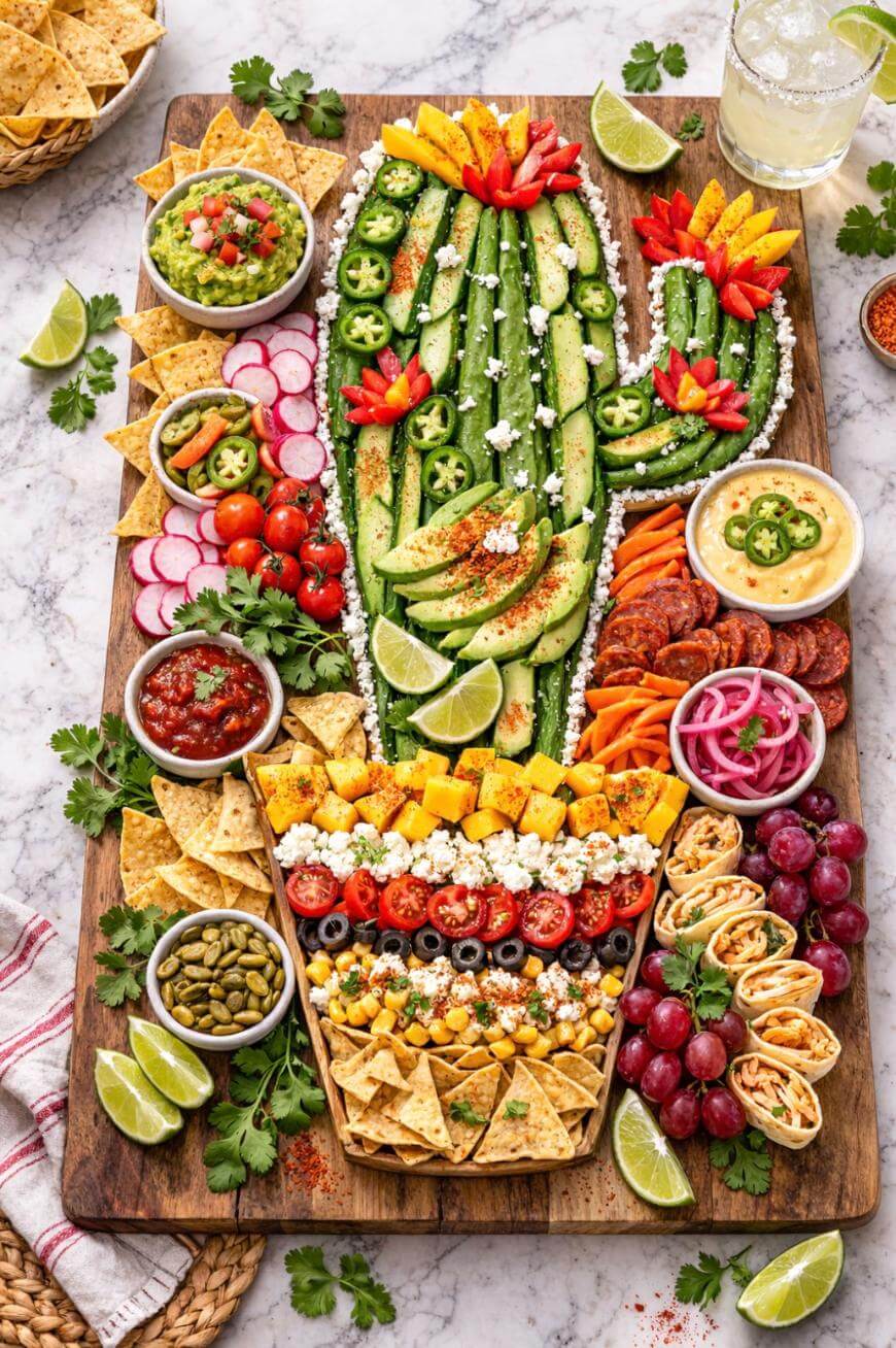 A colorful snack platter arranged to look like a cactus with rows of veggies, chips, dips, fruit, taco cups, and lime wedges on a wooden board, surrounded by napkins and a drink on a marble surface.