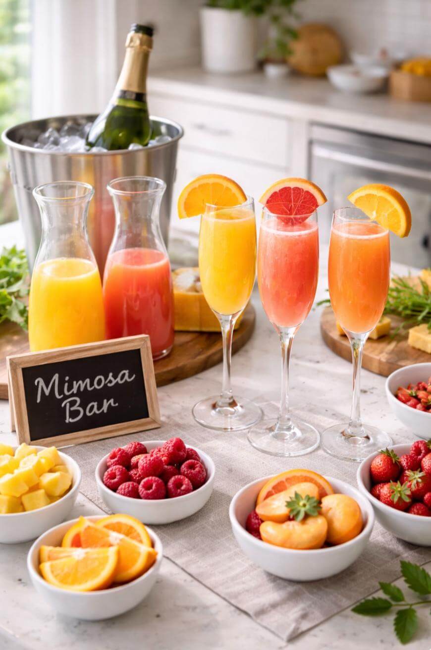 A mimosa bar setup with glasses of orange and pink drinks garnished with citrus slices, carafes of juice, a bottle of champagne in an ice bucket, and bowls of fresh fruit on a kitchen counter. A Mimosa Bar sign is displayed.