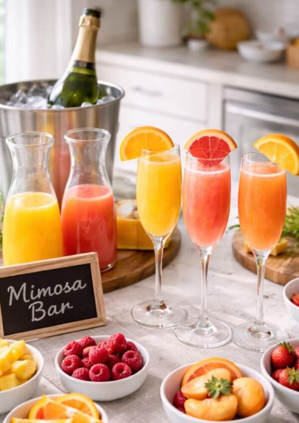 A mimosa bar setup with three flutes of colorful mimosas, orange and grapefruit slices, juice carafes, a bottle of champagne, a chalkboard sign, and bowls of fresh fruit on a bright kitchen counter.