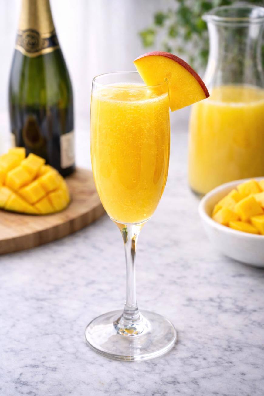 A glass of bright yellow mango mimosa garnished with a fresh mango slice, set on a marble countertop with a bottle of sparkling wine, diced mango, and a pitcher of juice in the background.