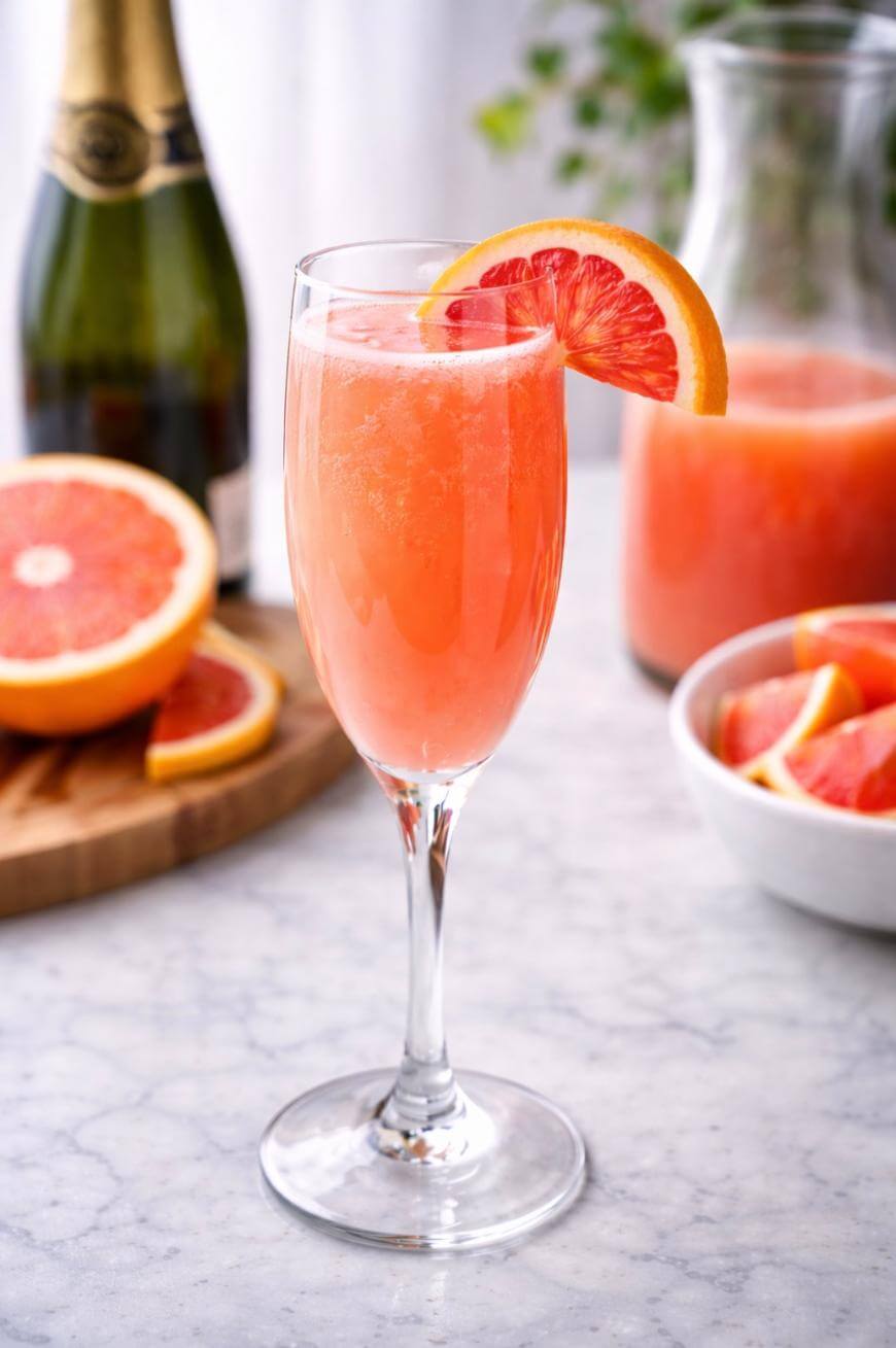 A glass of pink grapefruit mimosa garnished with a grapefruit slice sits on a marble surface, with a bottle of champagne, sliced grapefruit, and a jug of juice in the background.