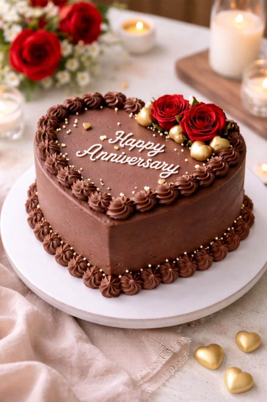 Heart-shaped chocolate cake with Happy Anniversary written on top, decorated with red roses, gold heart-shaped candies, and piped chocolate borders, placed on a white cake stand. Candles and flowers in the background.