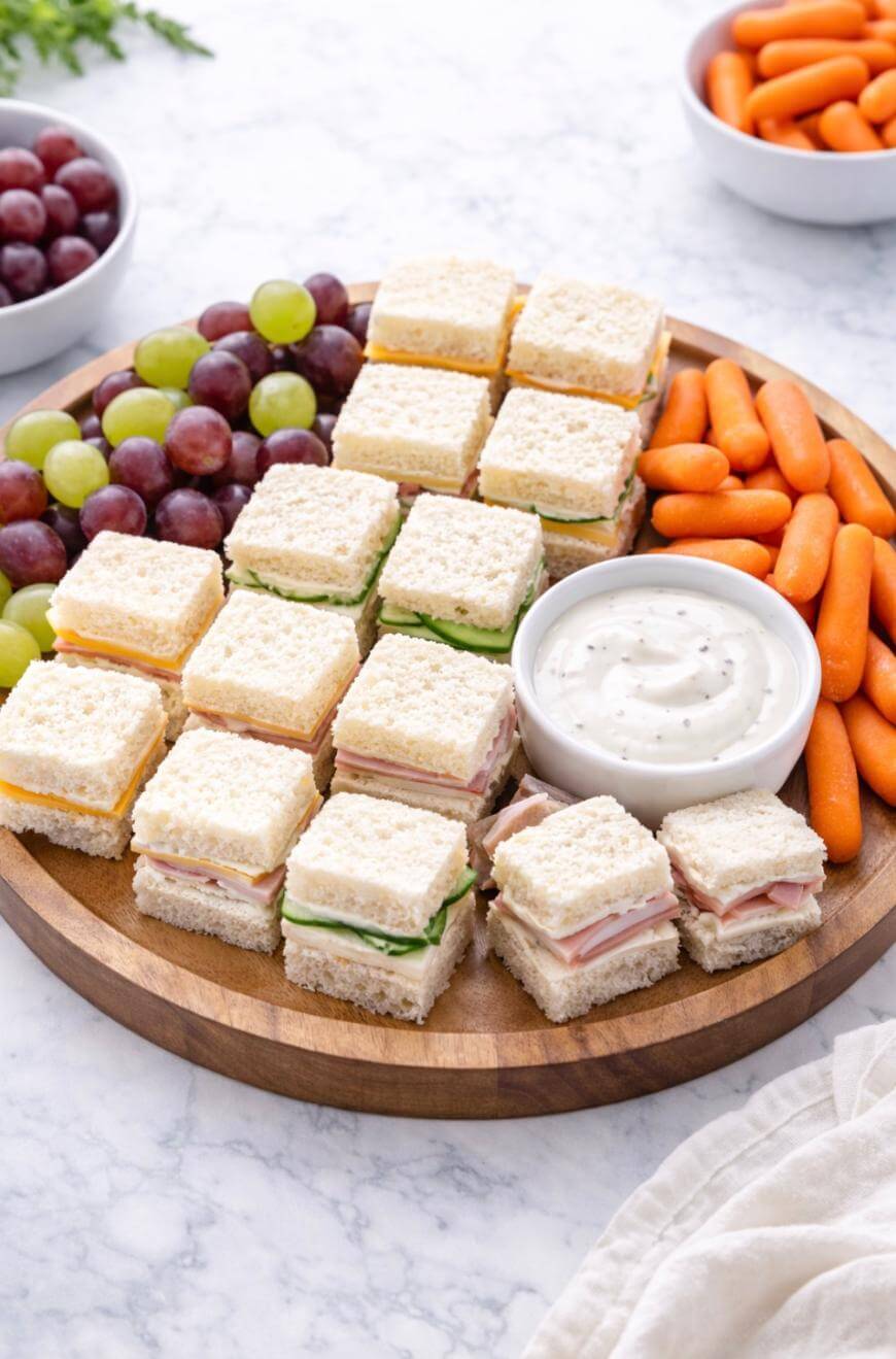A round wooden platter with rows of square tea sandwiches, fresh grapes, baby carrots, and a bowl of ranch dip. More grapes and baby carrots are in bowls in the background on a marble surface.