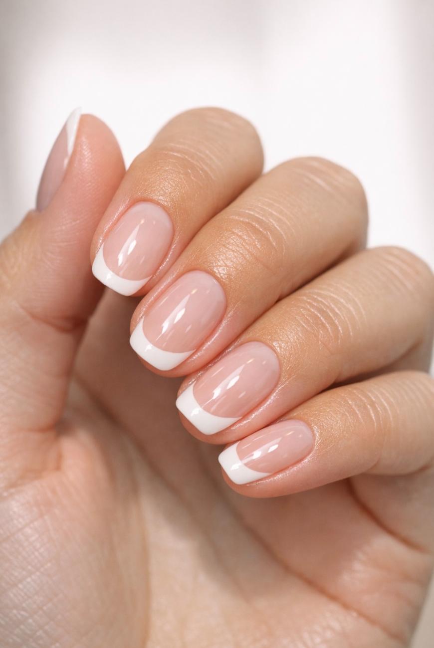 A close-up of a hand with neatly manicured nails featuring a classic French manicure—natural pink base with clean white tips—against a soft, blurred background.