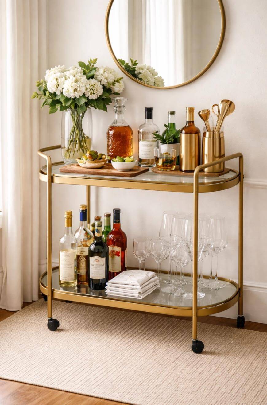 A stylish gold bar cart with flowers, glassware, liquor bottles, and cocktail tools stands by a round mirror and white curtains in a bright, modern room.