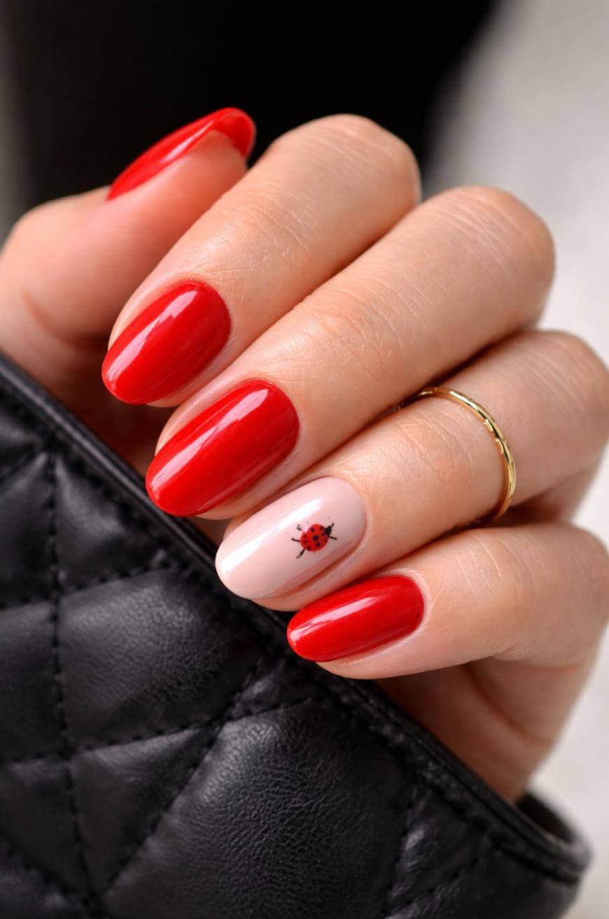 A hand with red polished nails holds a black quilted item. The ring finger nail is painted light pink with a small ladybug design and the person wears a delicate gold ring.