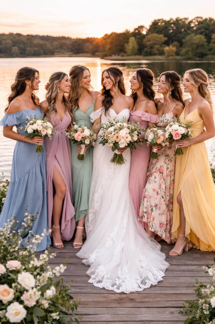 A bride in a white gown stands on a dock by a lake at sunset, surrounded by six bridesmaids in pastel dresses holding bouquets. They are all smiling and looking at each other amid floral decorations.