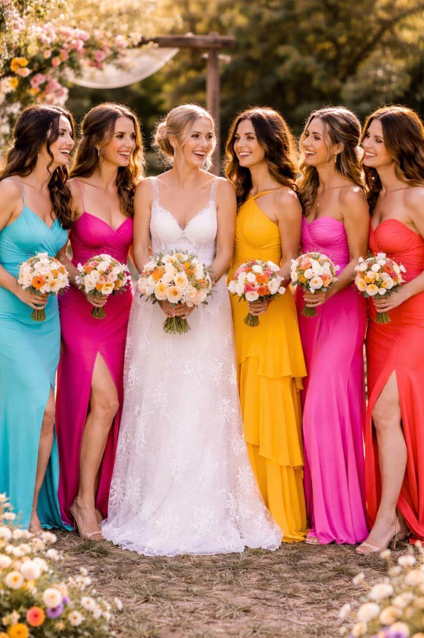 A bride in a white lace gown stands outdoors, smiling and holding flowers, surrounded by five bridesmaids in vibrant dresses of turquoise, pink, yellow, and coral. They all hold bouquets and are standing among flowers.