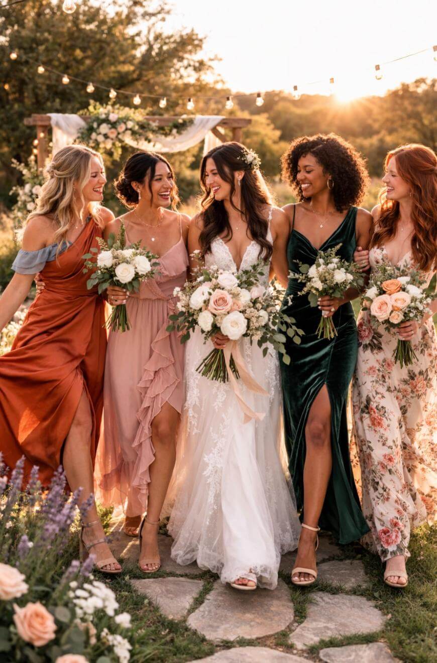 Five women in elegant dresses, including a bride in white, walk outdoors on a stone path, smiling and holding floral bouquets, with string lights and greenery in the background.
