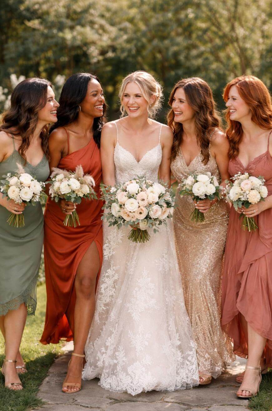A bride in a white lace gown stands smiling with four bridesmaids in mismatched dresses of green, rust, gold, and blush, all holding bouquets, outdoors in a garden setting.