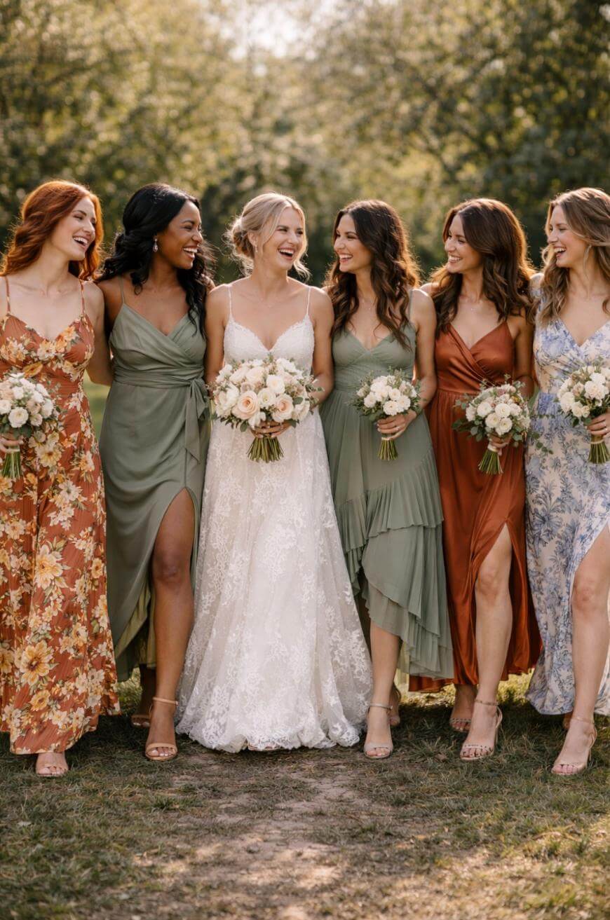 A bride in a white lace dress stands outdoors with five bridesmaids in mismatched dresses in green, rust, floral, and blue patterns. All are holding bouquets and smiling at each other.