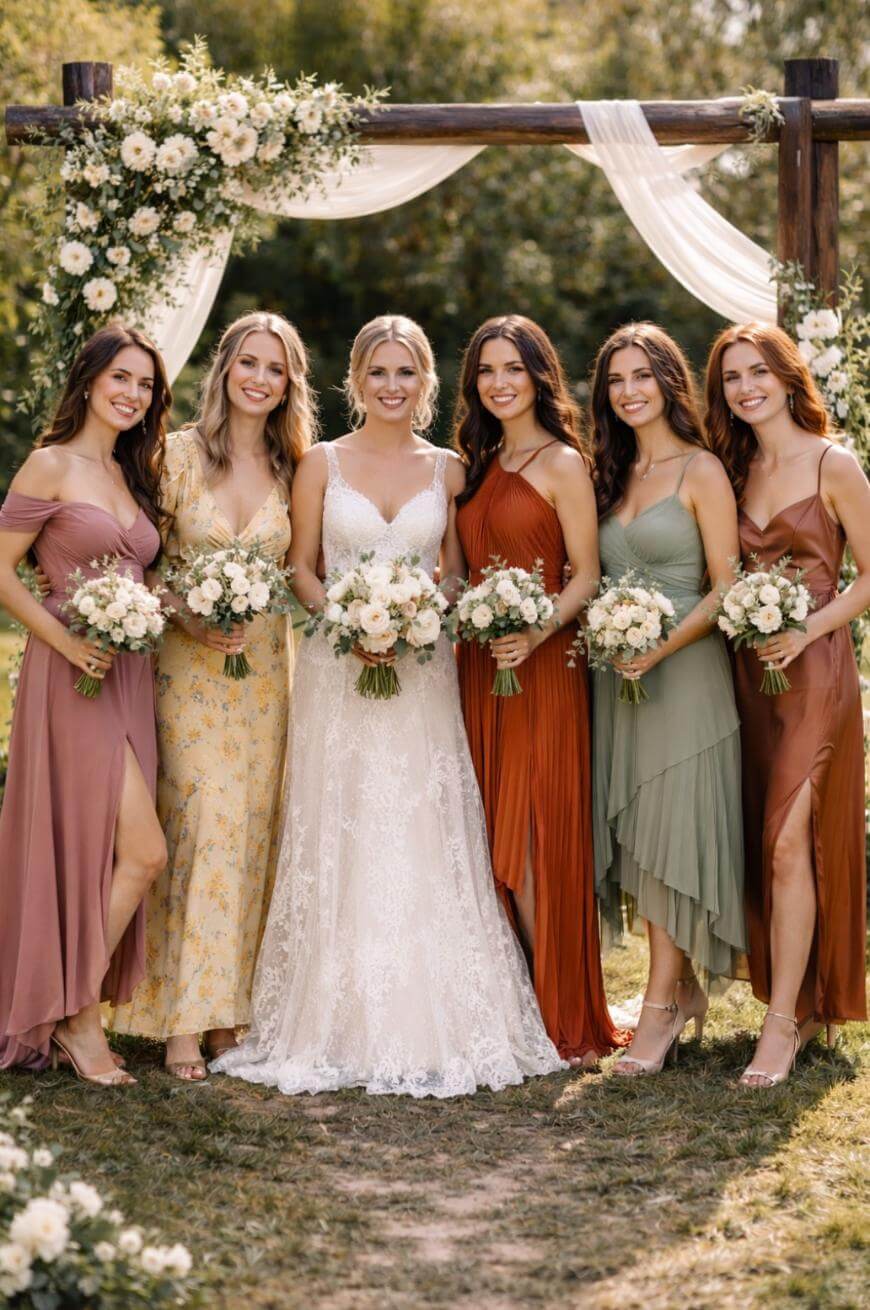 A bride in a white lace gown stands outdoors with five bridesmaids in mismatched pastel and earth-tone dresses, all holding white floral bouquets, under a wooden arch decorated with flowers and draped fabric.