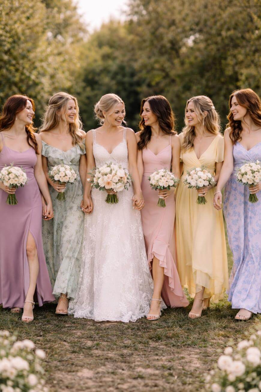 A bride in a white lace gown walks outdoors with five bridesmaids in pastel dresses, each holding a bouquet of white flowers. They are smiling and holding hands on a grassy path surrounded by greenery.