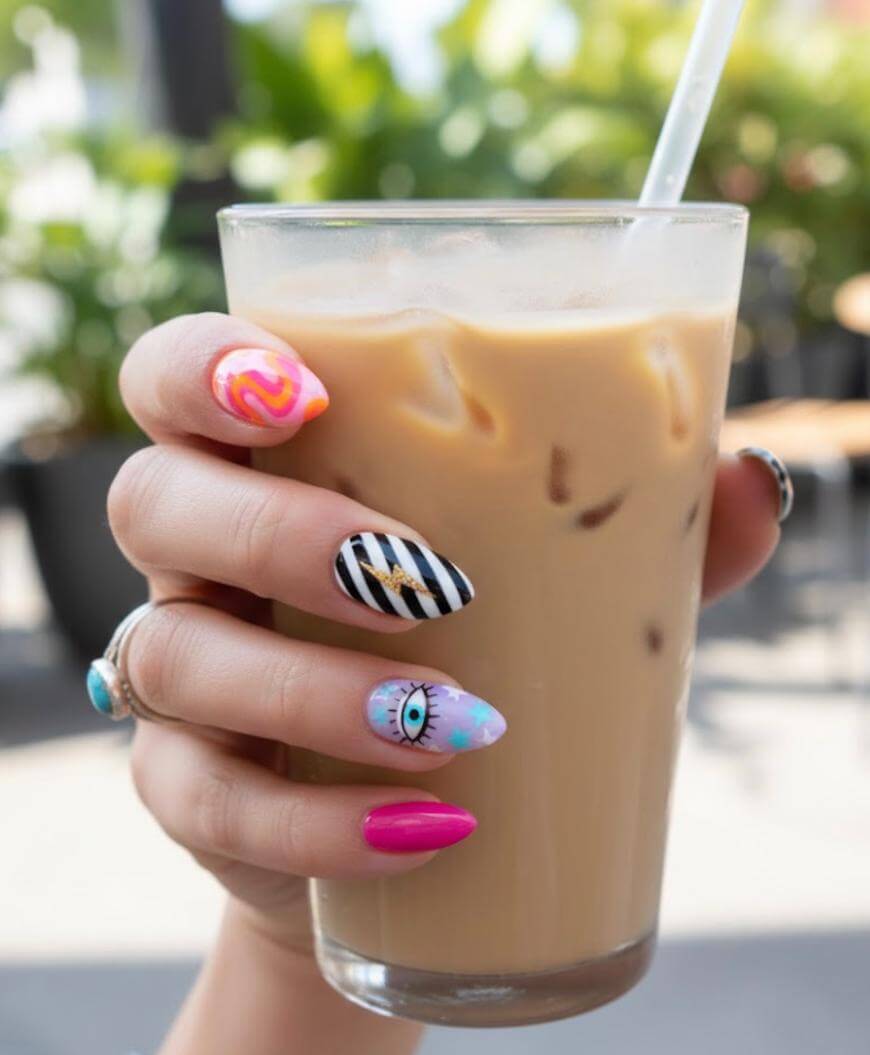 A hand with colorful, artistic nail designs holds a glass of iced coffee with a straw; the background is blurred with green plants.