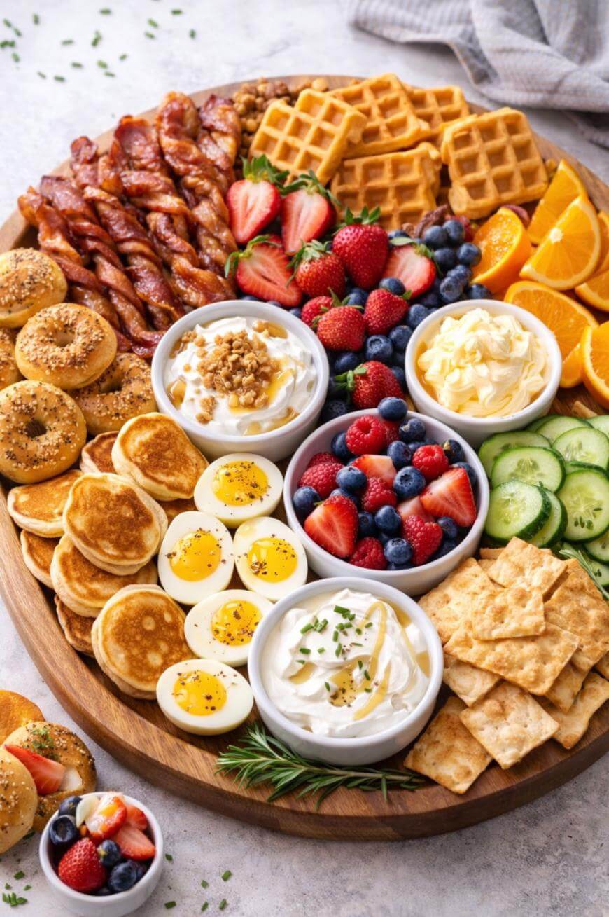 A large round wooden platter filled with mini pancakes, waffles, bacon, boiled eggs, fresh berries, orange slices, cucumber, crackers, and three bowls with yogurt, dip, and whipped cream.