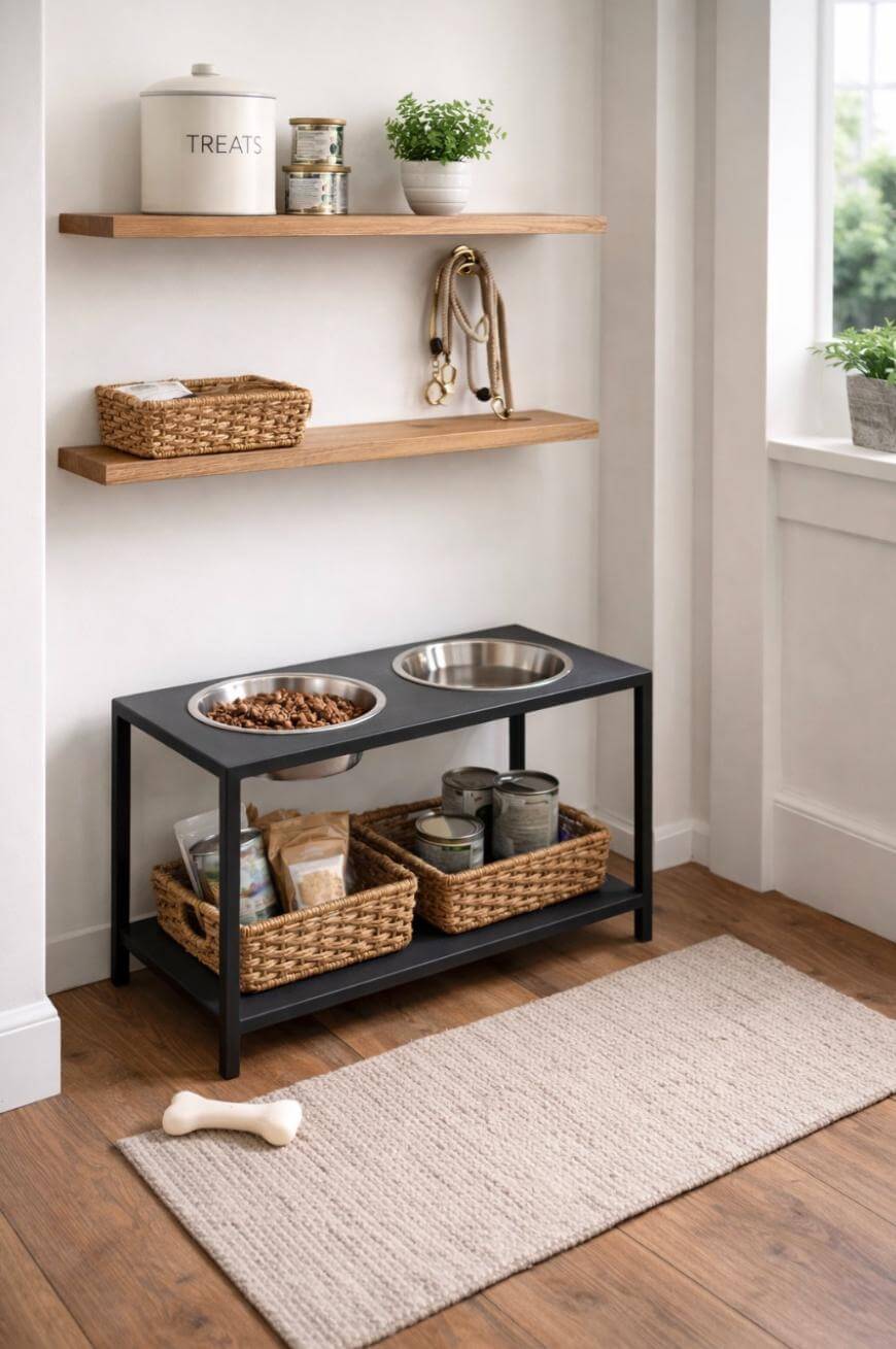 A modern pet feeding station with two metal bowls, baskets of supplies underneath, a dog bone on a beige rug, and shelves above holding baskets, a jar labeled TREATS, and leash hooks on a white wall.