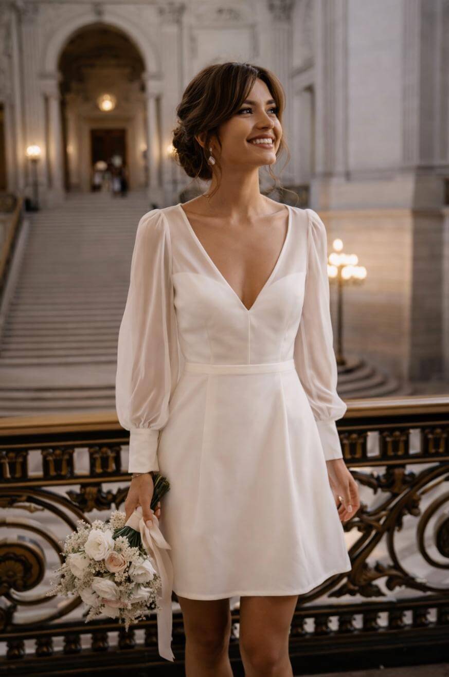 A smiling woman in a white dress with sheer long sleeves holds a bouquet of flowers, standing by an ornate railing in an elegant, grand building with marble steps and archways in the background.
