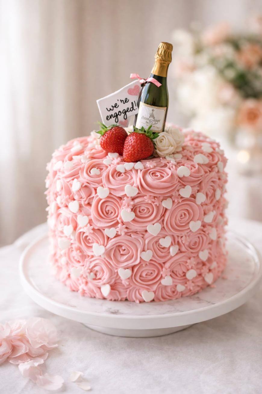 A pink cake decorated with rose-shaped frosting, white heart sprinkles, strawberries, white roses, a mini champagne bottle, and a card that reads “we’re engaged!” on top, displayed on a white cake stand.