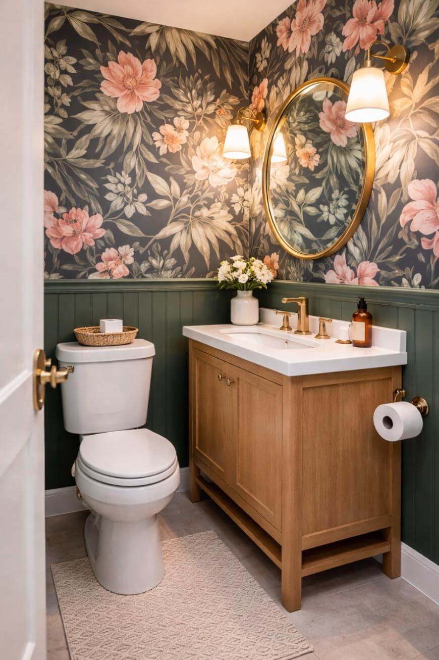 A small bathroom with floral wallpaper, a round gold mirror, wall sconces, a white toilet, a wooden vanity with a white sink, gold fixtures, and a vase of flowers on the counter. The lower wall is painted green.