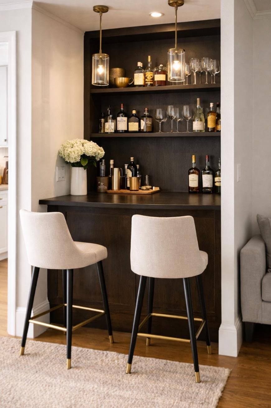 A bar with wine glasses and bottles.