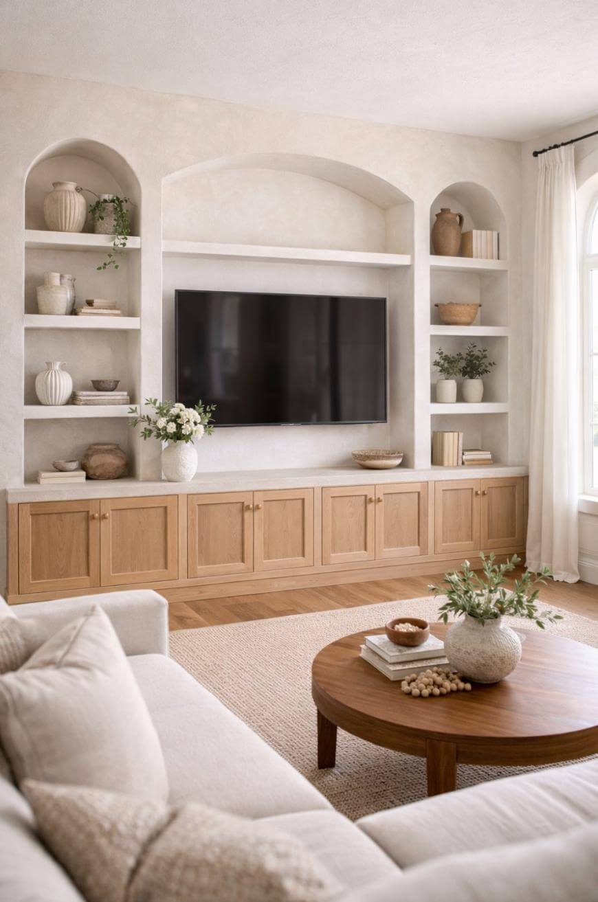 A cozy living room with a built-in entertainment center featuring a wall-mounted TV, wooden cabinets, open shelves displaying vases and decor, a round wooden coffee table, and a beige sofa. Natural light streams in through a window.