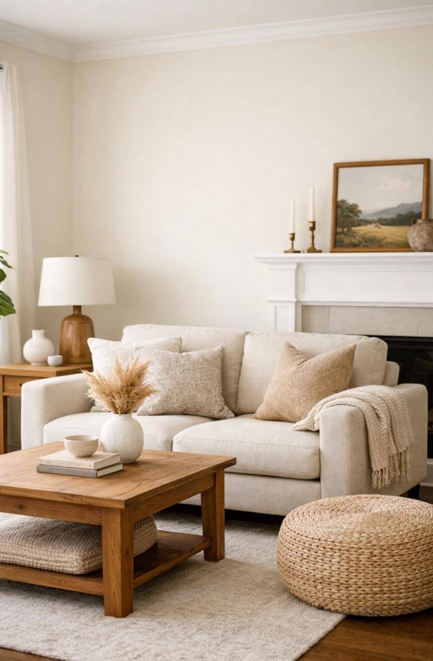 A cozy living room with a beige sofa, neutral cushions, a wooden coffee table, a woven pouf, and a soft rug. A table lamp, artwork, and decor sit on a mantel above a fireplace. The room has a warm, minimalist style.
