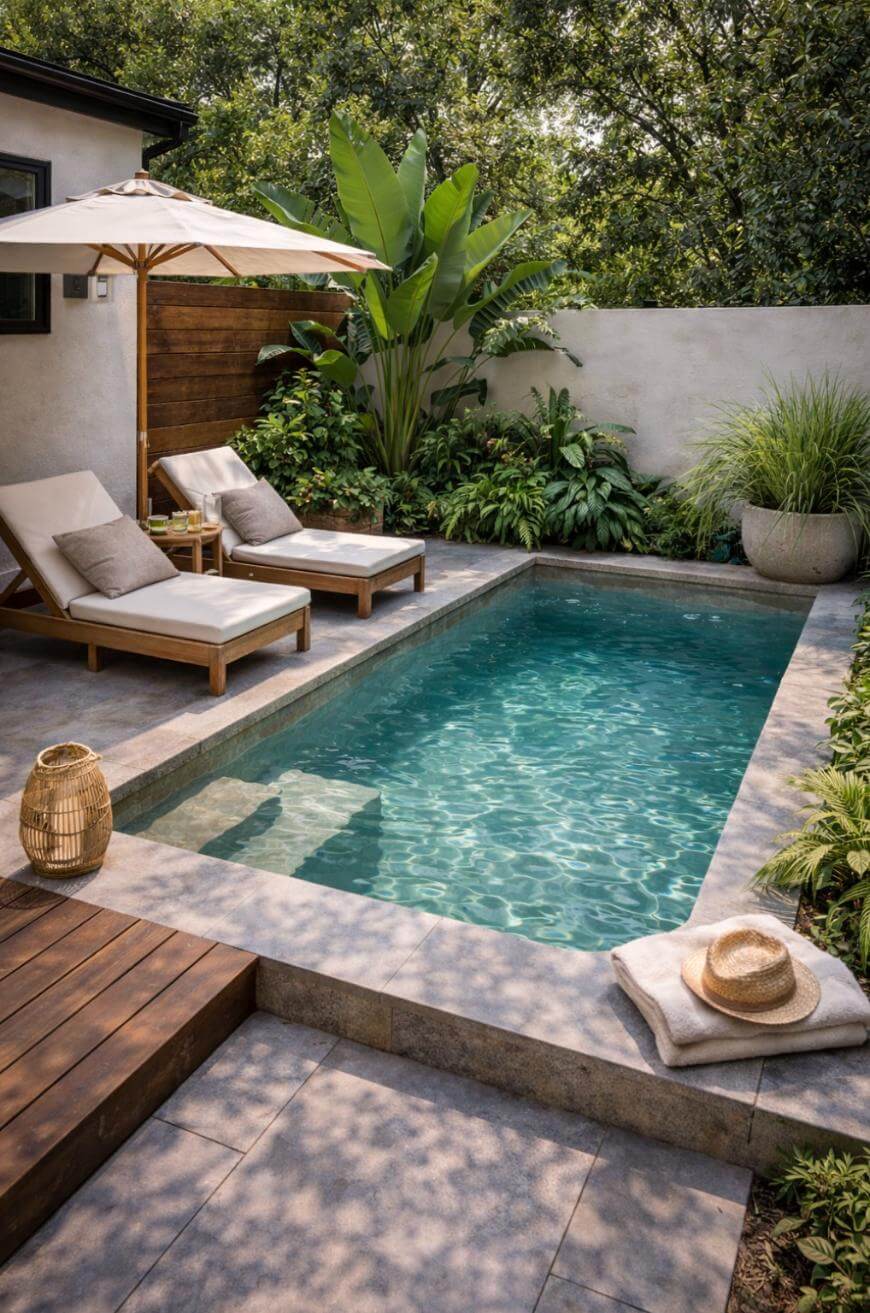 A small rectangular backyard pool surrounded by stone tiles, with two cushioned lounge chairs and an umbrella on one side. Lush green plants and a privacy wall enclose the peaceful space. A straw hat and towels rest nearby.