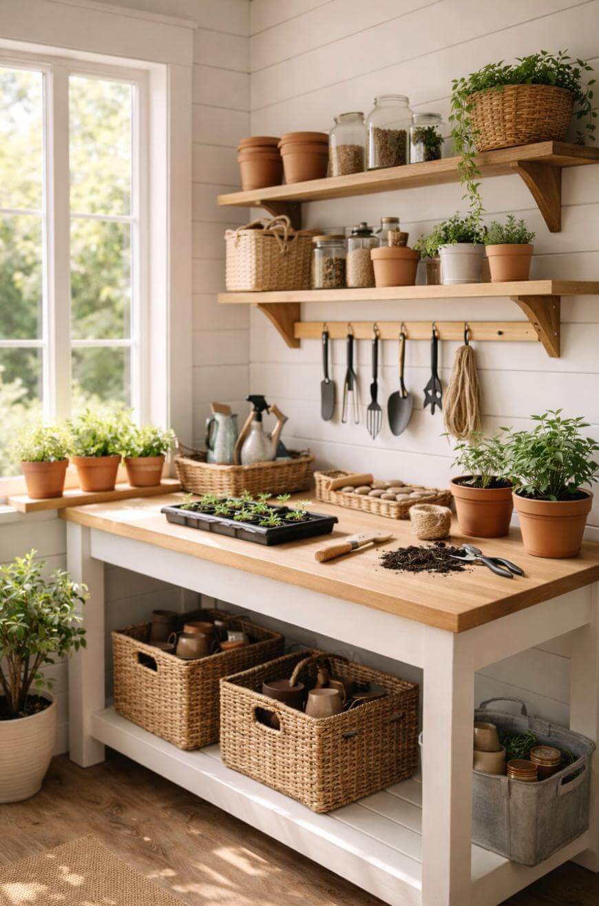 A bright, organized indoor gardening space with potted plants, gardening tools, baskets, and jars on wooden shelves, all set on a white table near a sunlit window.