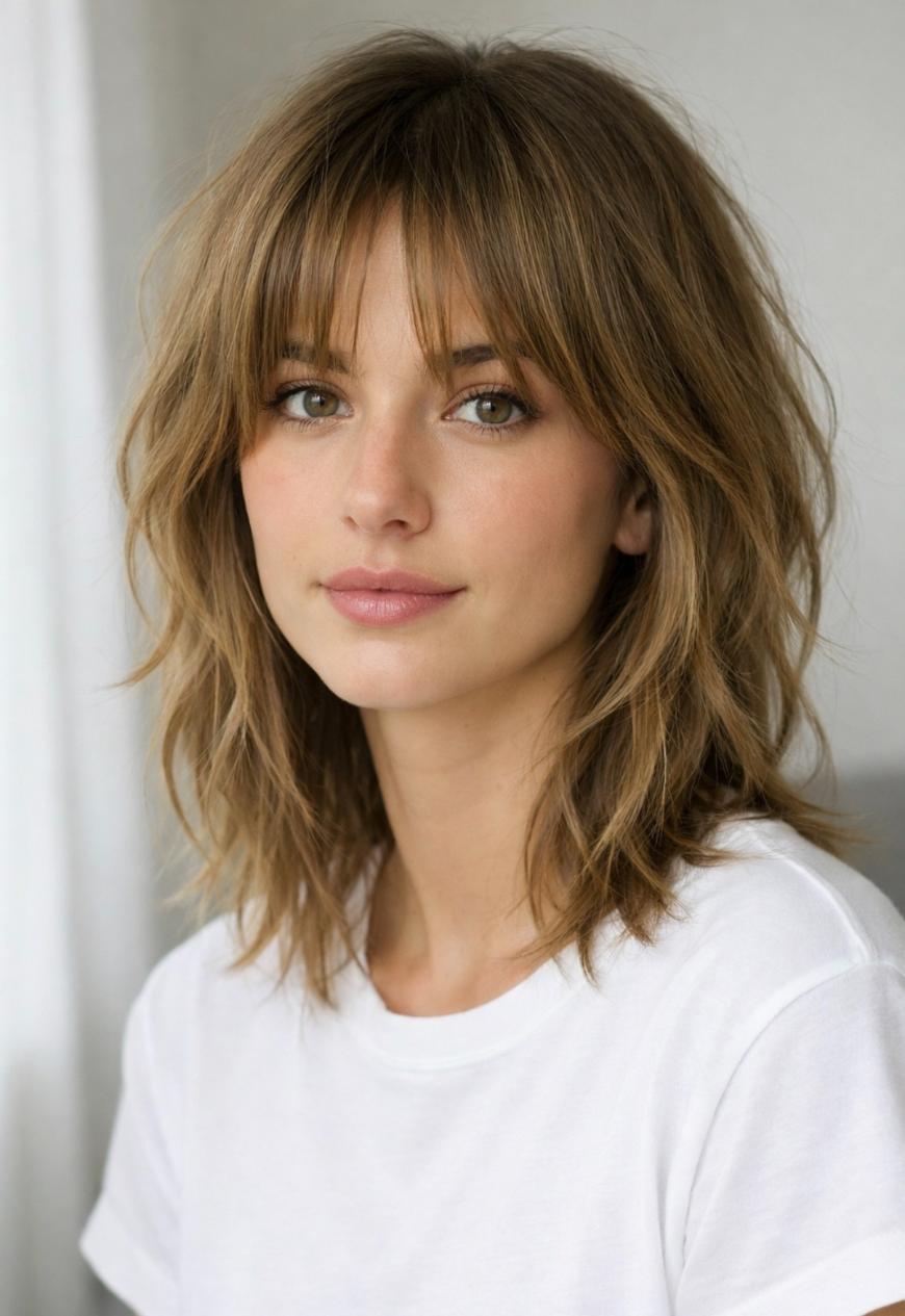 A young woman with shoulder-length, wavy light brown hair and bangs is wearing a plain white t-shirt, sitting indoors against a soft, neutral background, and looking calmly at the camera.