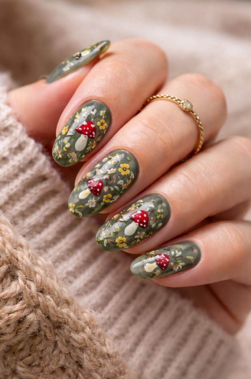 A hand with long, almond-shaped nails painted olive green, featuring detailed nail art of red and white mushrooms and small yellow flowers. The person wears a gold ring and a beige knit sweater.