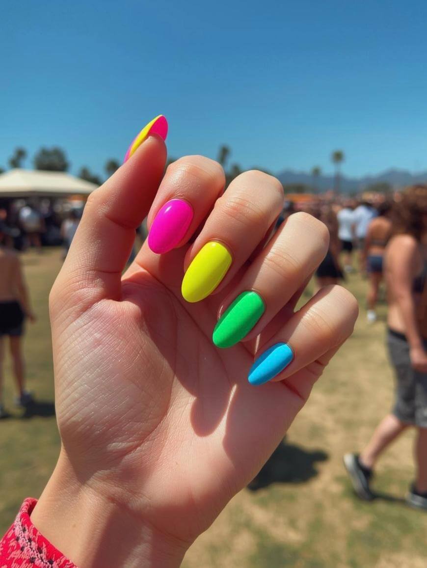 A hand with long, oval-shaped nails painted in bright neon colors—pink, yellow, green, and blue—held up outdoors at a festival, with people and tents visible in the blurred background.