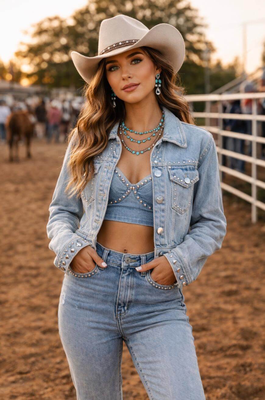 A woman wearing a light blue denim jacket and high-waisted jeans with silver studs, a matching denim crop top, layered turquoise jewelry, and a light-colored cowboy hat stands in a rodeo arena.