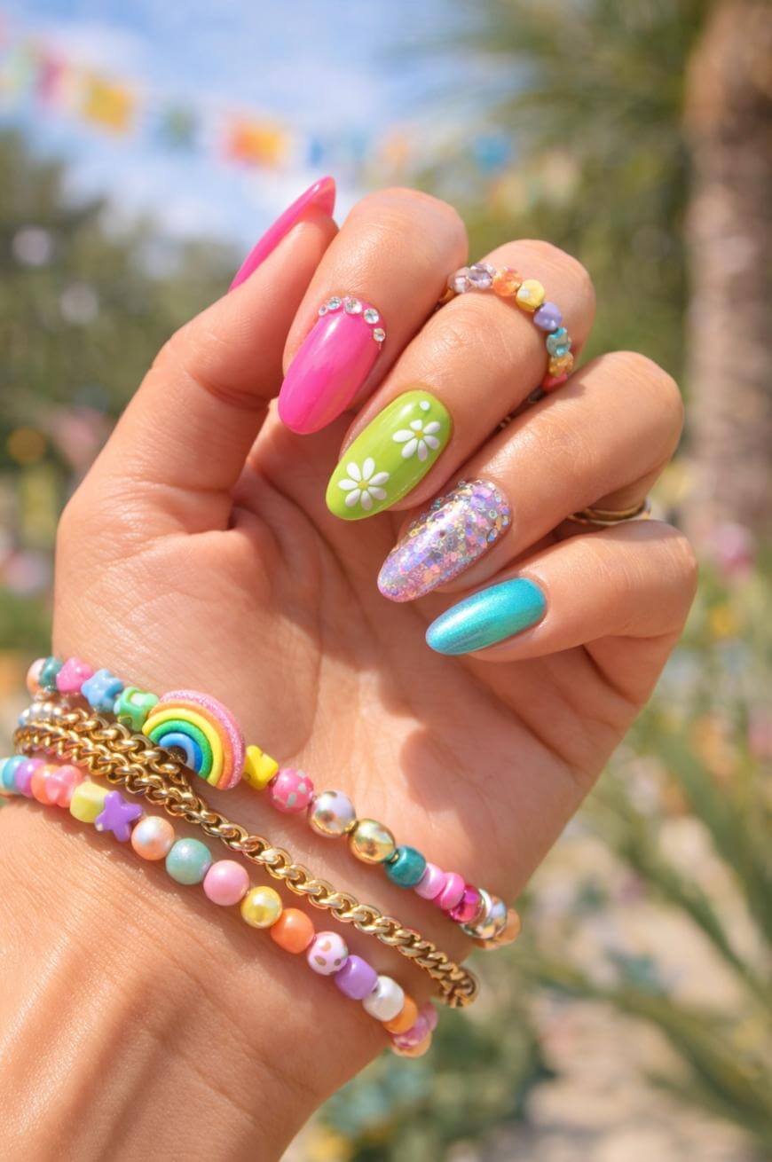 A hand with bright, colorful nail art: pink, green with daisy flowers, glittery purple, and blue nails. The person wears beaded bracelets and rings with rainbow and pastel colors. Background is blurred with outdoor, sunny scenery.