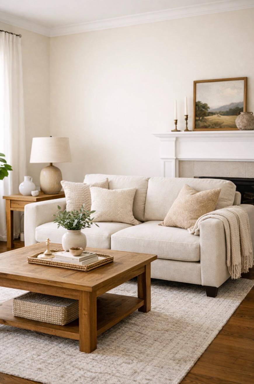 A cozy living room with a cream sofa, beige pillows, and a throw blanket. A wooden coffee table holds a plant and tray. A lamp and plant sit on a side table, with a fireplace, candles, and landscape art in the background.