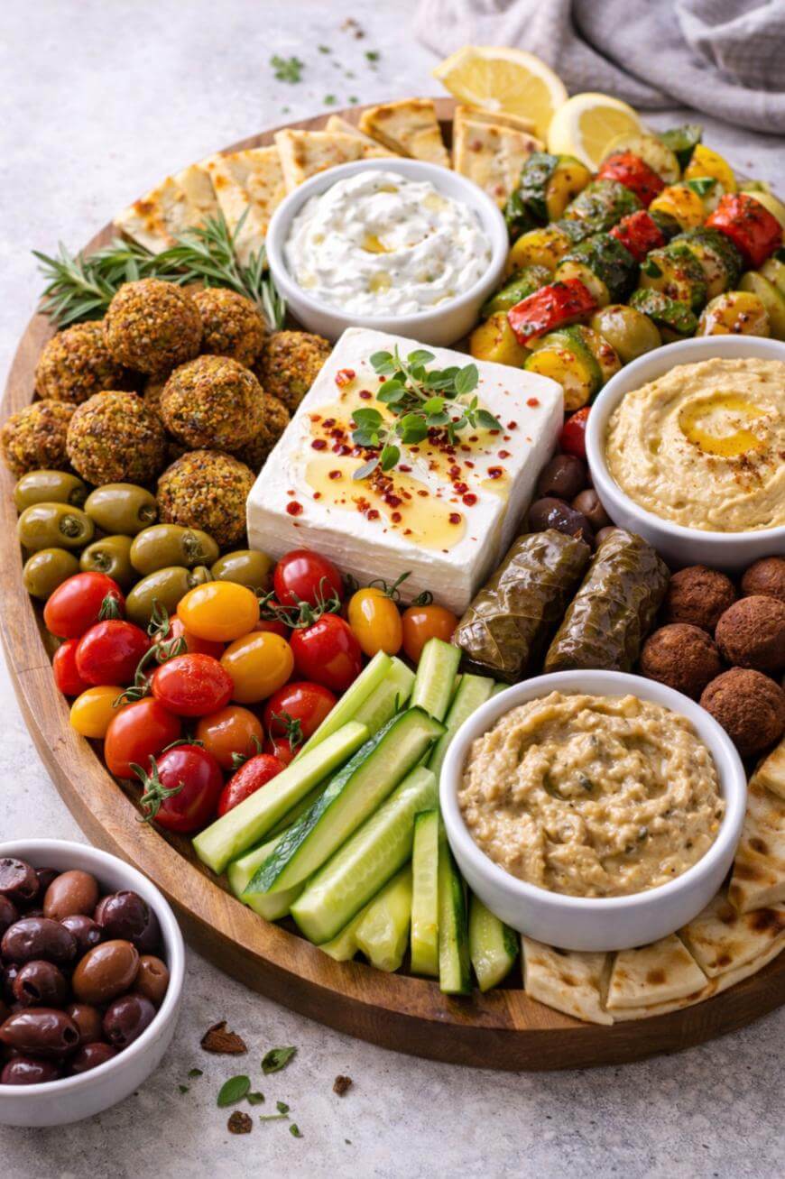 A platter with pita bread, cucumber sticks, cherry tomatoes, olives, grape leaves, falafel, cheese topped with herbs and chili flakes, and three dips. Colorful grilled veggie skewers and lemon slices garnish the board.