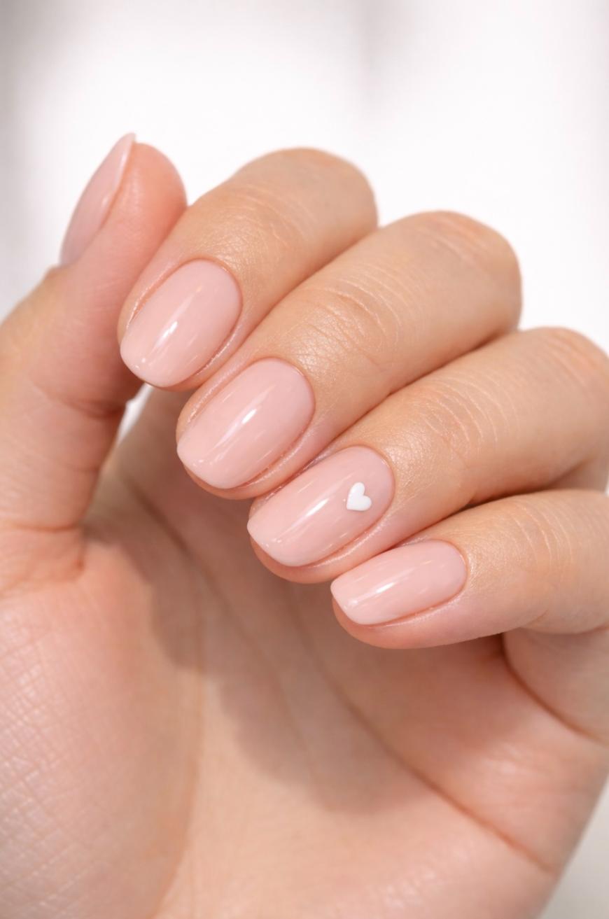 A hand with neatly manicured nails painted in a glossy nude shade. The ring fingernail features a small white heart design near the cuticle.