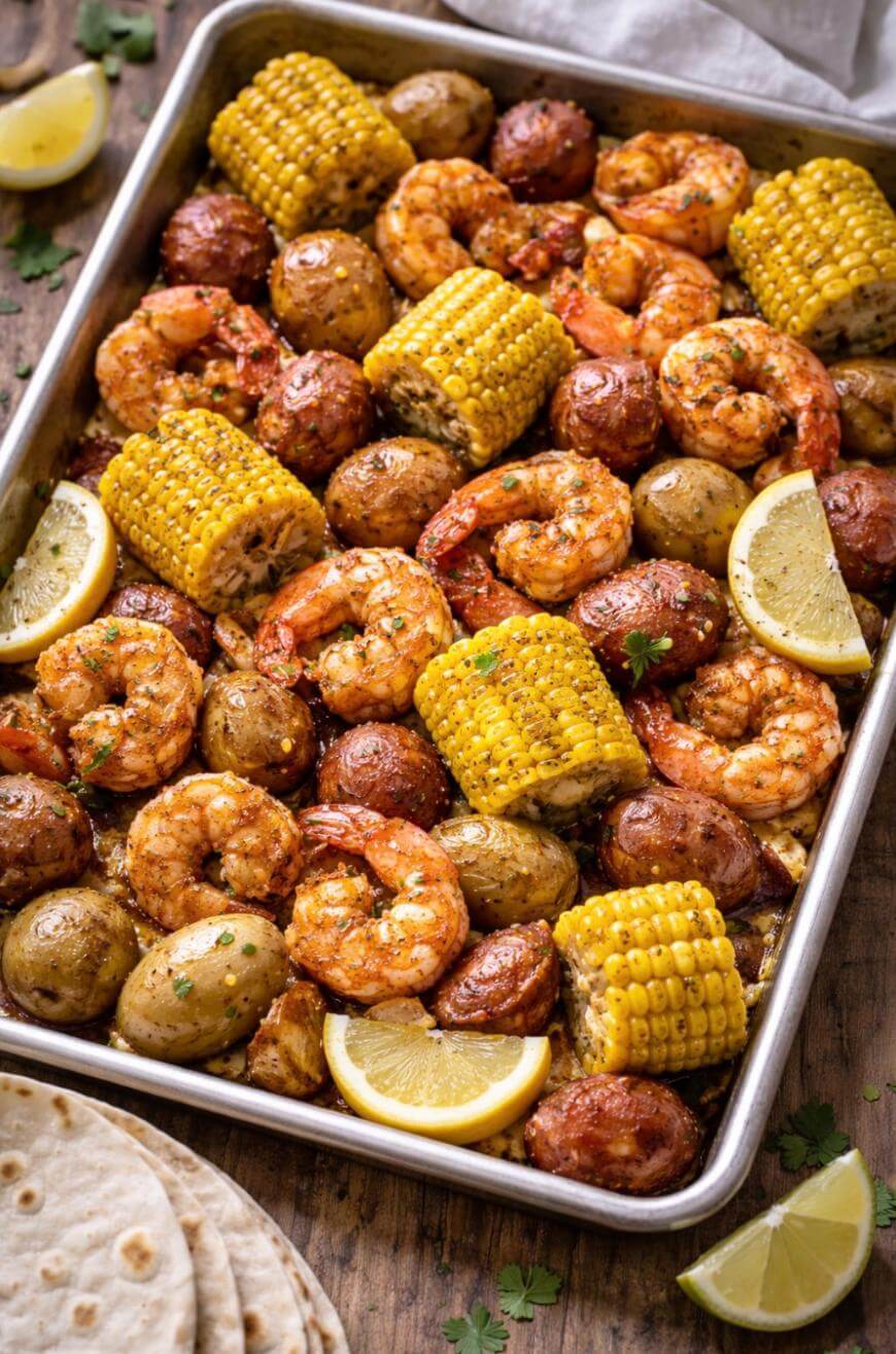 A baking sheet filled with roasted shrimp, corn on the cob pieces, small potatoes, and sausage slices, garnished with lemon wedges and herbs, with tortillas and more lemon on the side.
