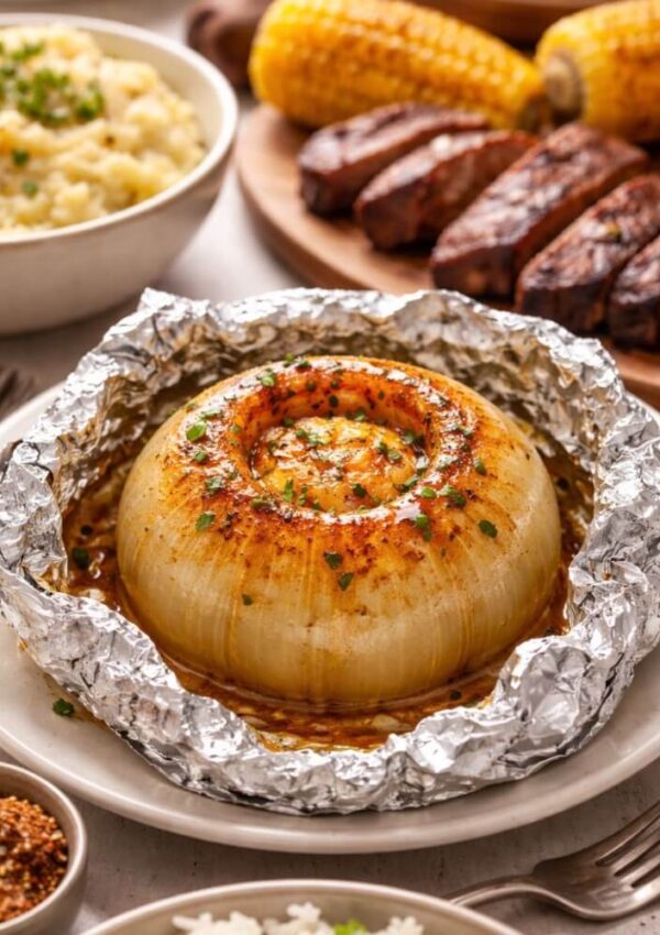 A whole baked onion seasoned with spices, served in foil on a plate. In the background are mashed potatoes, grilled corn, and slices of steak. Side dishes and condiments are also visible around the main plate.