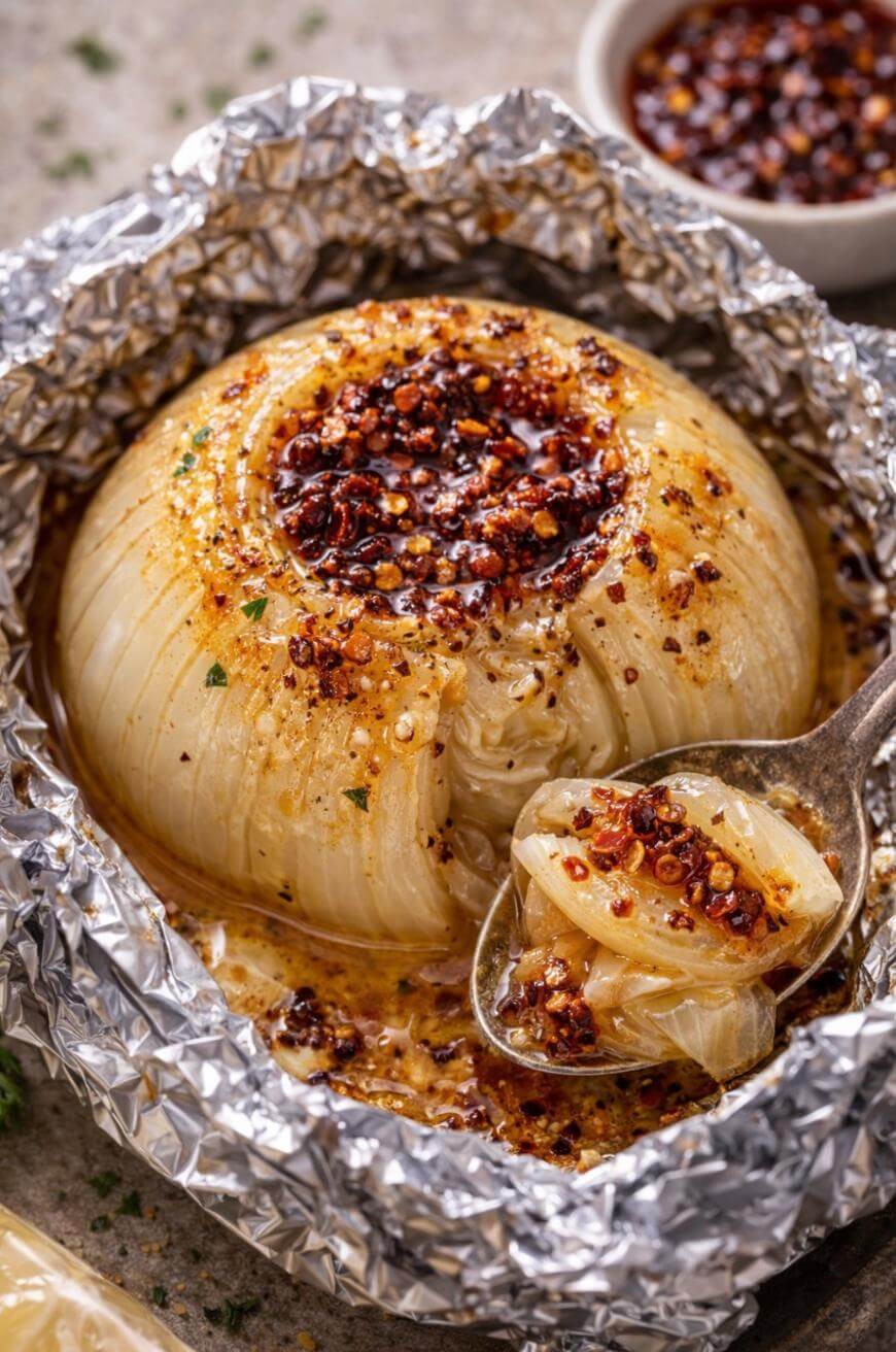 A roasted onion topped with chili flakes and seasonings sits in crinkled aluminum foil. A spoon scoops out a tender, glistening portion. A small bowl of chili flakes is in the background.