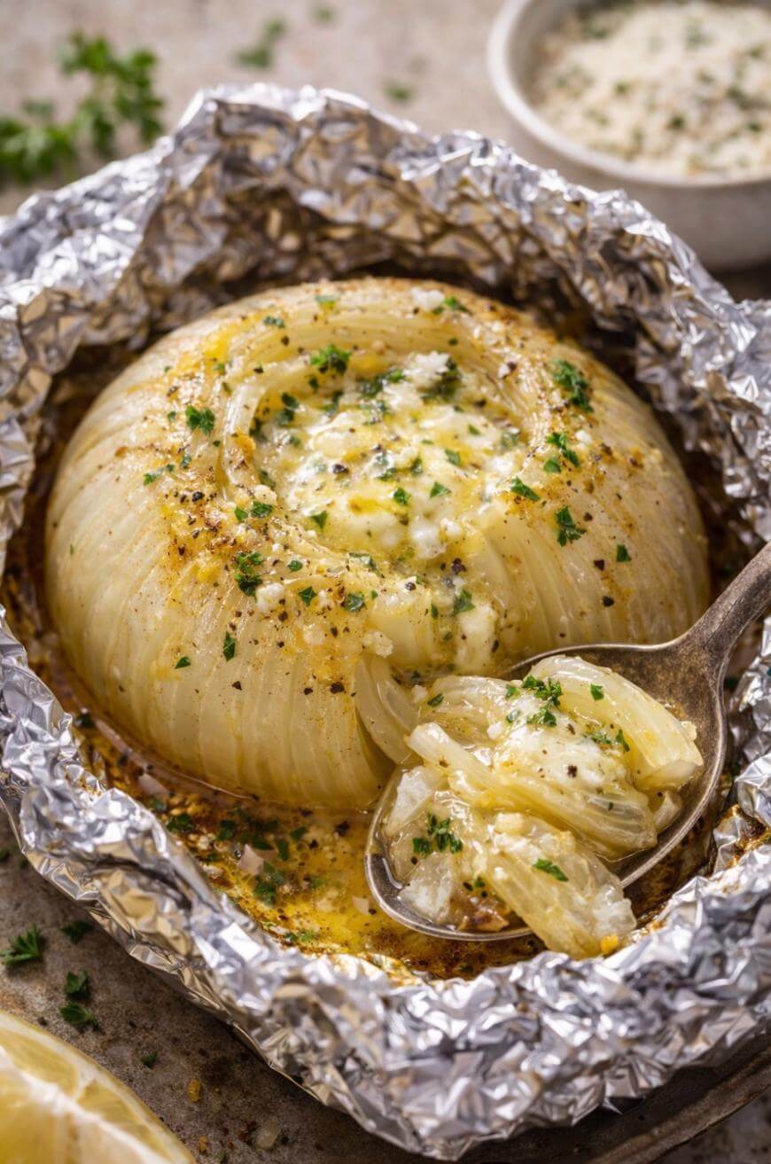 A whole roasted onion sits in crinkled aluminum foil, topped with melted butter, herbs, and pepper. A spoon scoops out tender onion layers, revealing a creamy, golden interior. A small bowl of sauce is visible in the background.